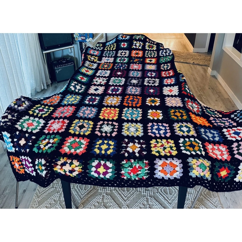 Vintage Handmade Granny Square Crochet Blanket Throw Large King Size 120" - Picture 7 of 8